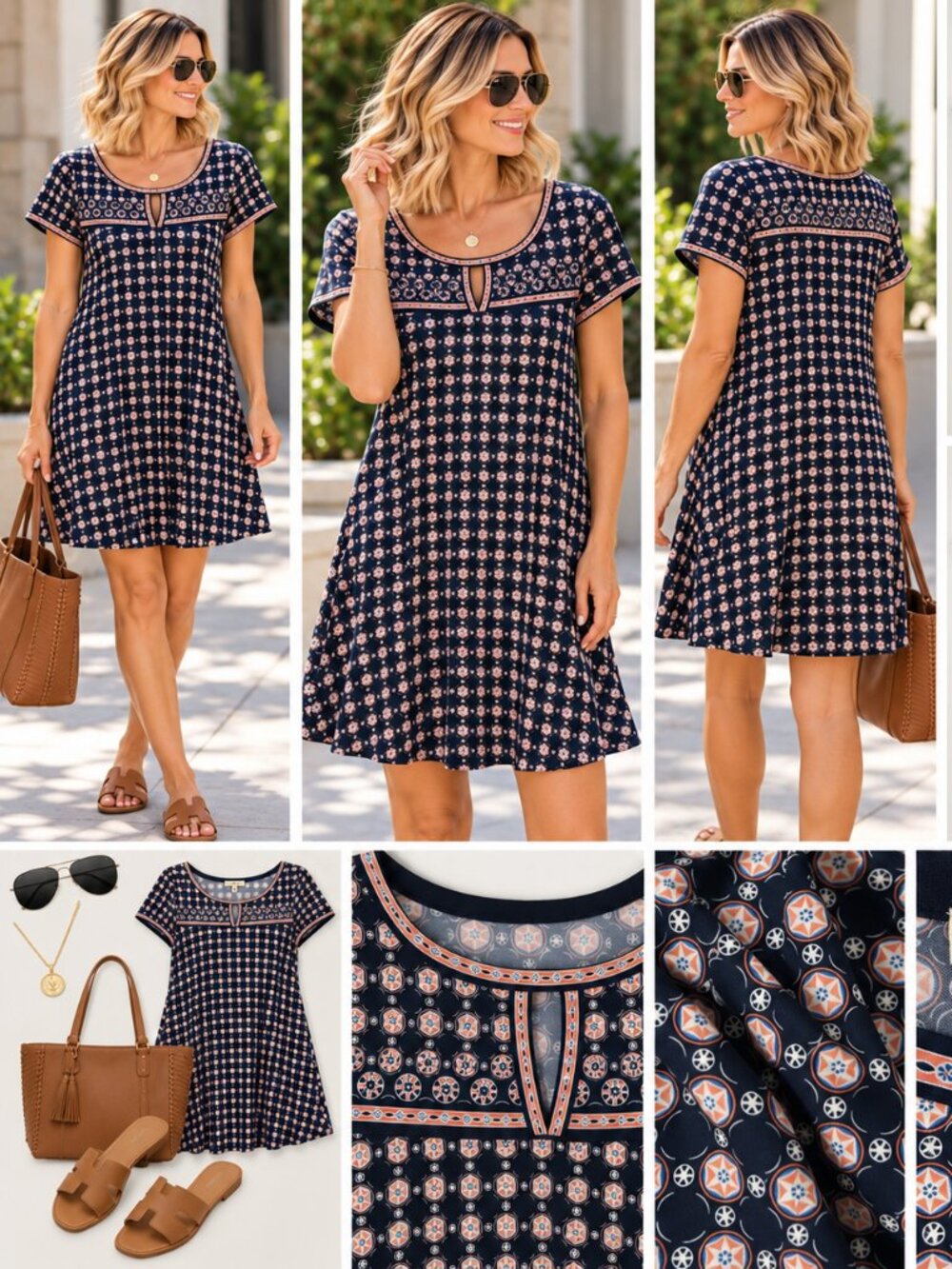 Max Studio Navy Geometric Print A-Line Dress Size L